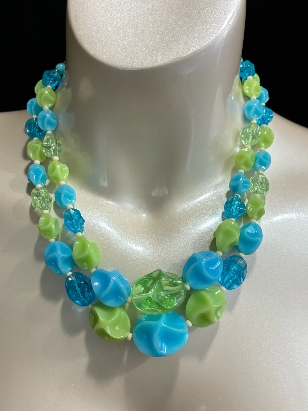 VTG Germany Sea Breeze Blue & Green Lucite Beaded Summer Statement Necklace EUC